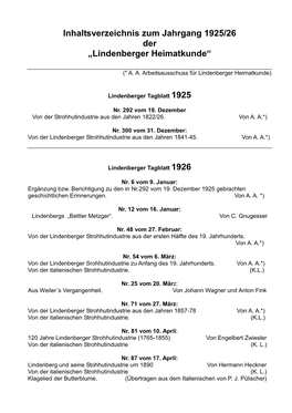 Inhaltsverzeichnis Zum Jahrgang 1925/26 Der „Lindenberger Heimatkunde“