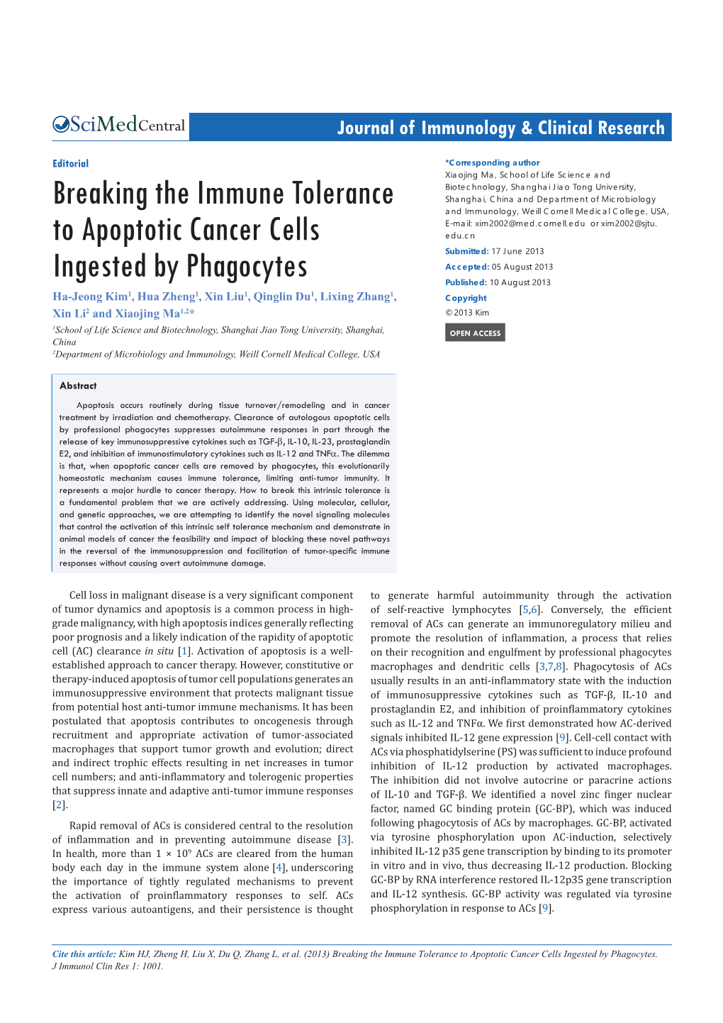 Breaking the Immune Tolerance to Apoptotic Cancer Cells Ingested by Phagocytes