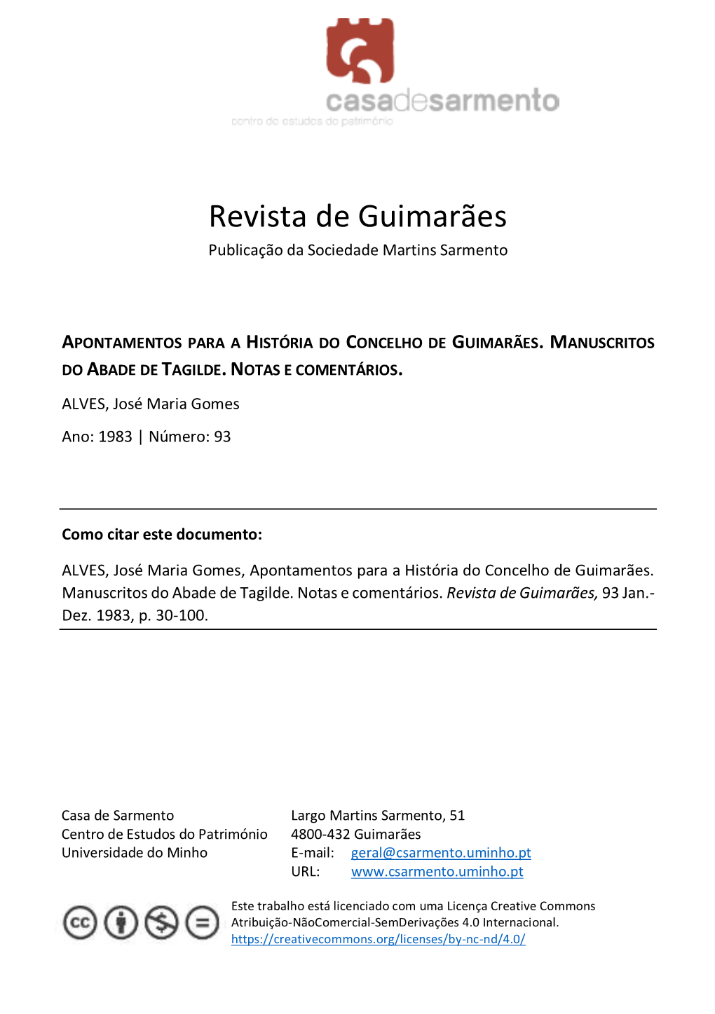 Revista De Guimarães Publicação Da Sociedade Martins Sarmento