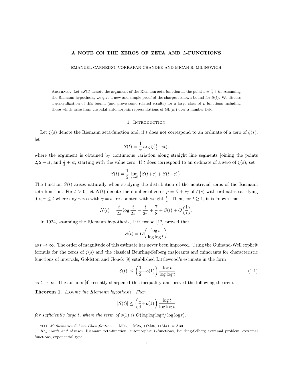 A Note on the Zeros of Zeta and L-Functions 1