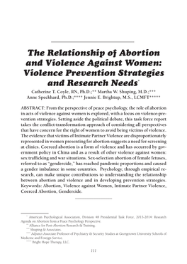The Relationship of Abortion and Violence Against Women: Violence Prevention Strategies and Research Needs* Catherine T