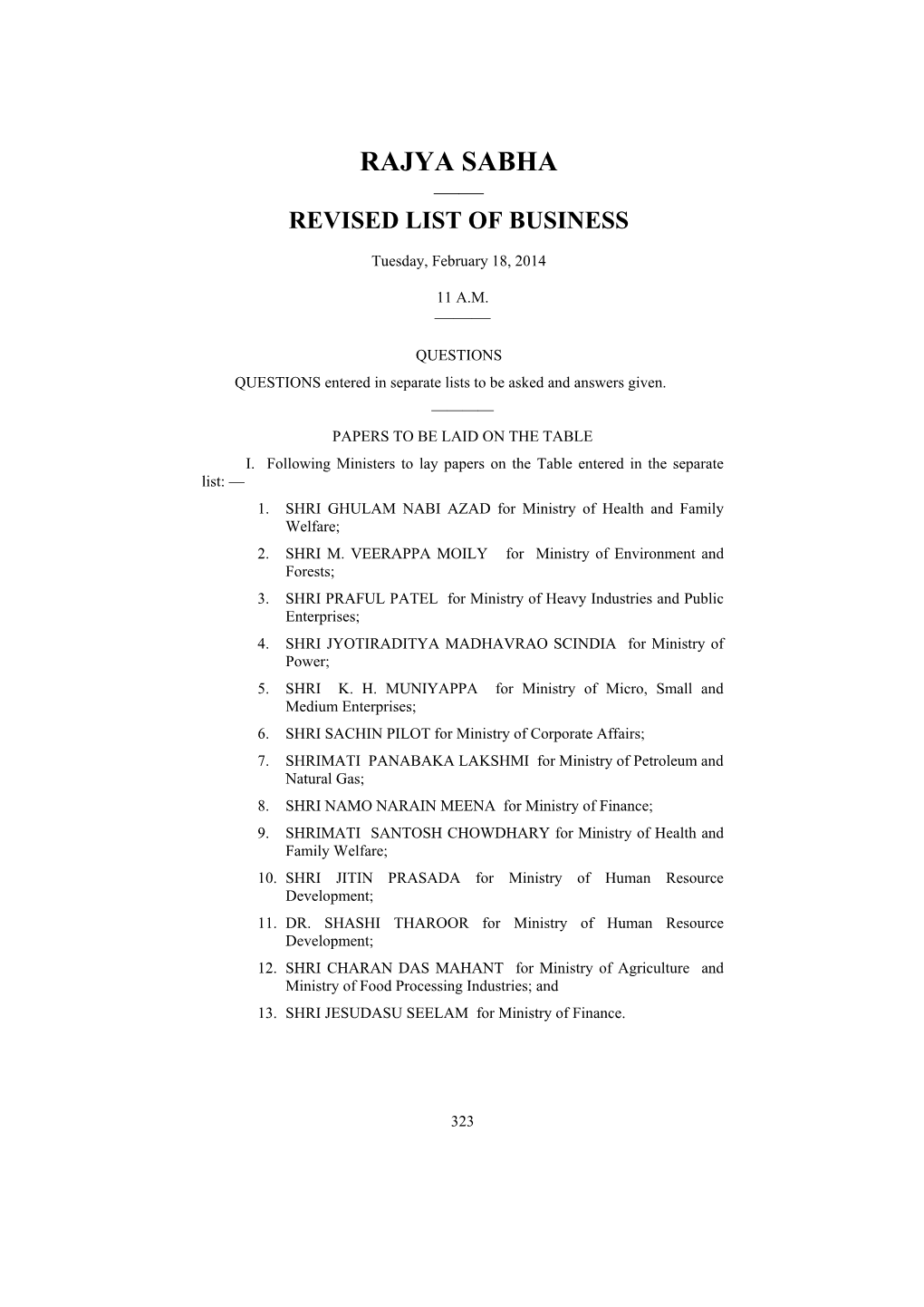 Rajya Sabha —— Revised List of Business