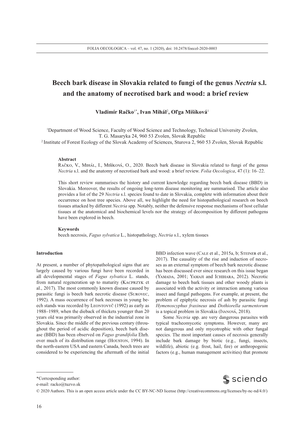 Beech Bark Disease in Slovakia Related to Fungi of the Genus Nectria S.L