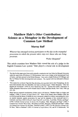 Matthew Hale's Other Contribution: Science As a Metaphor in the Development of Common Law Method