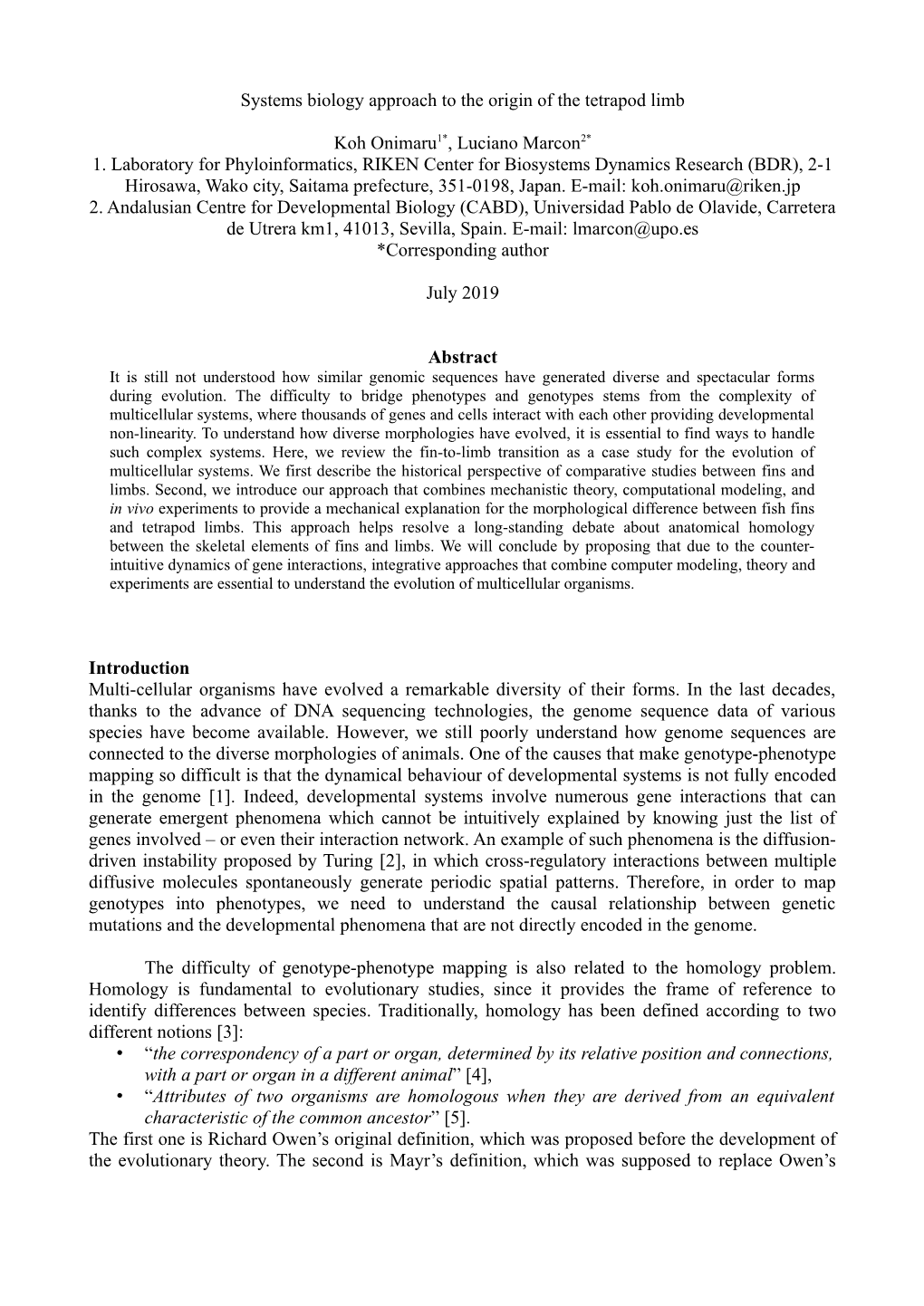 Systems Biology Approach to the Origin of the Tetrapod Limb Koh