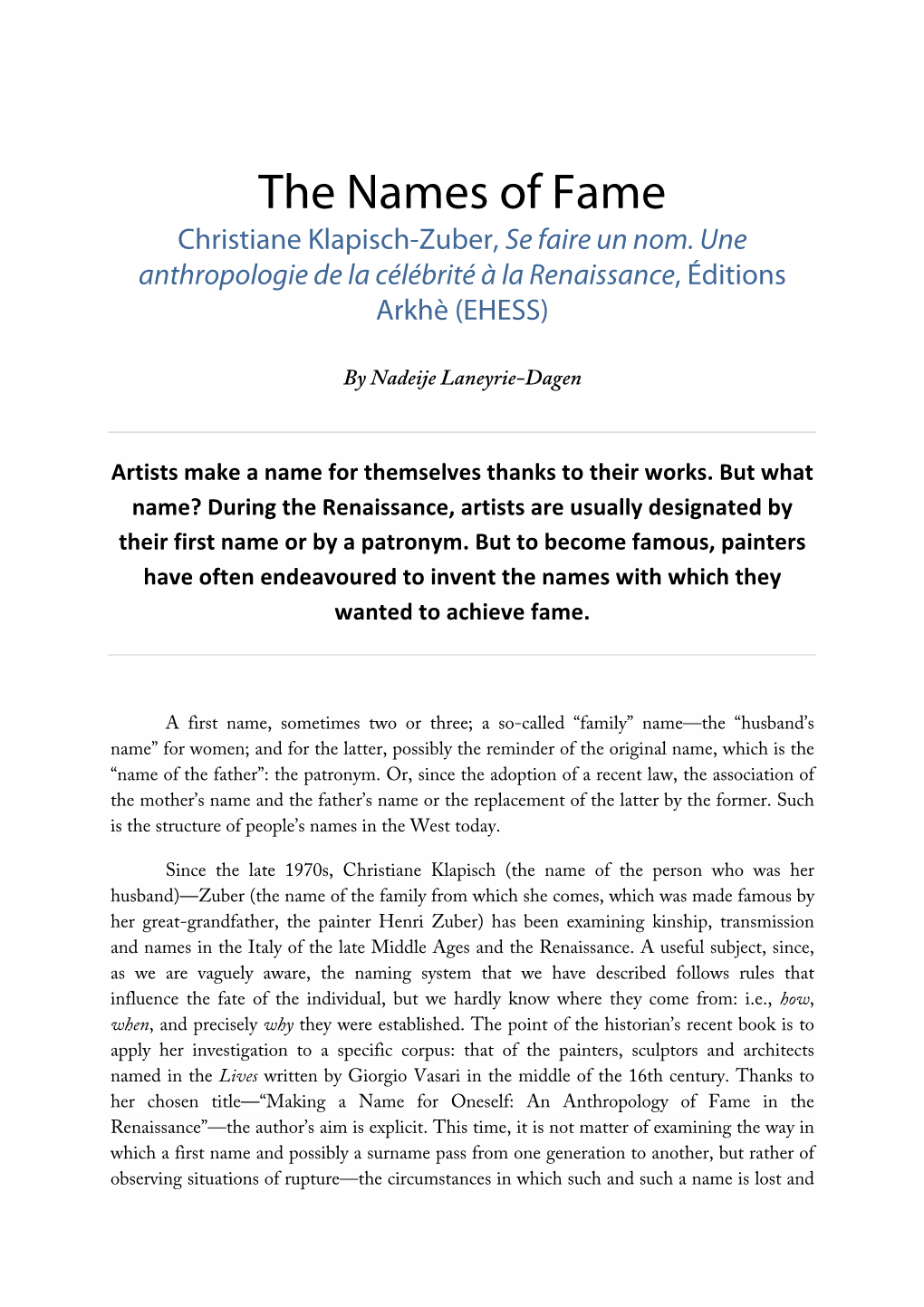 The Names of Fame Christiane Klapisch-Zuber, Se Faire Un Nom