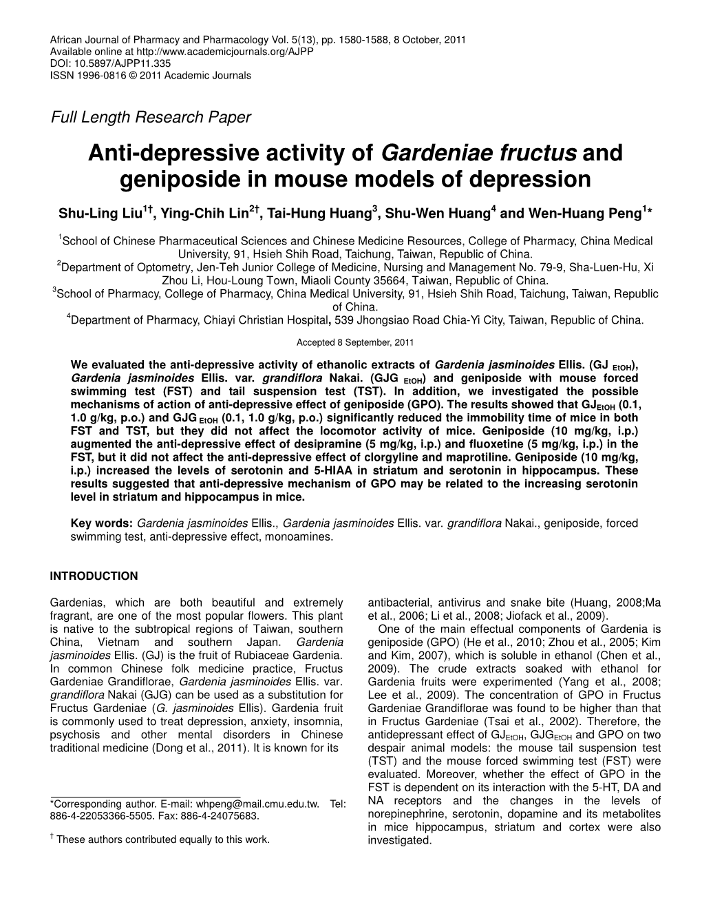 Anti-Depressive Activity of Gardeniae Fructus and Geniposide in Mouse Models of Depression