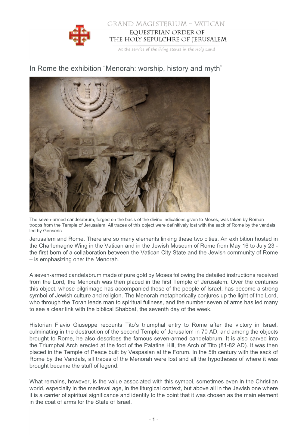 In Rome the Exhibition “Menorah: Worship, History and Myth”