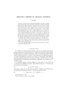 REDUCED K-THEORY of AZUMAYA ALGEBRAS 1. Introduction in The