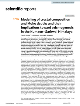 Modelling of Crustal Composition and Moho Depths and Their Implications Toward Seismogenesis in the Kumaon–Garhwal Himalaya Prantik Mandal*, D