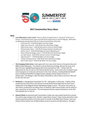 2017 Summerfest Story Ideas