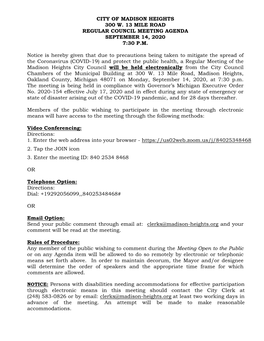 City of Madison Heights 300 W. 13 Mile Road Regular Council Meeting Agenda September 14, 2020 7:30 P.M