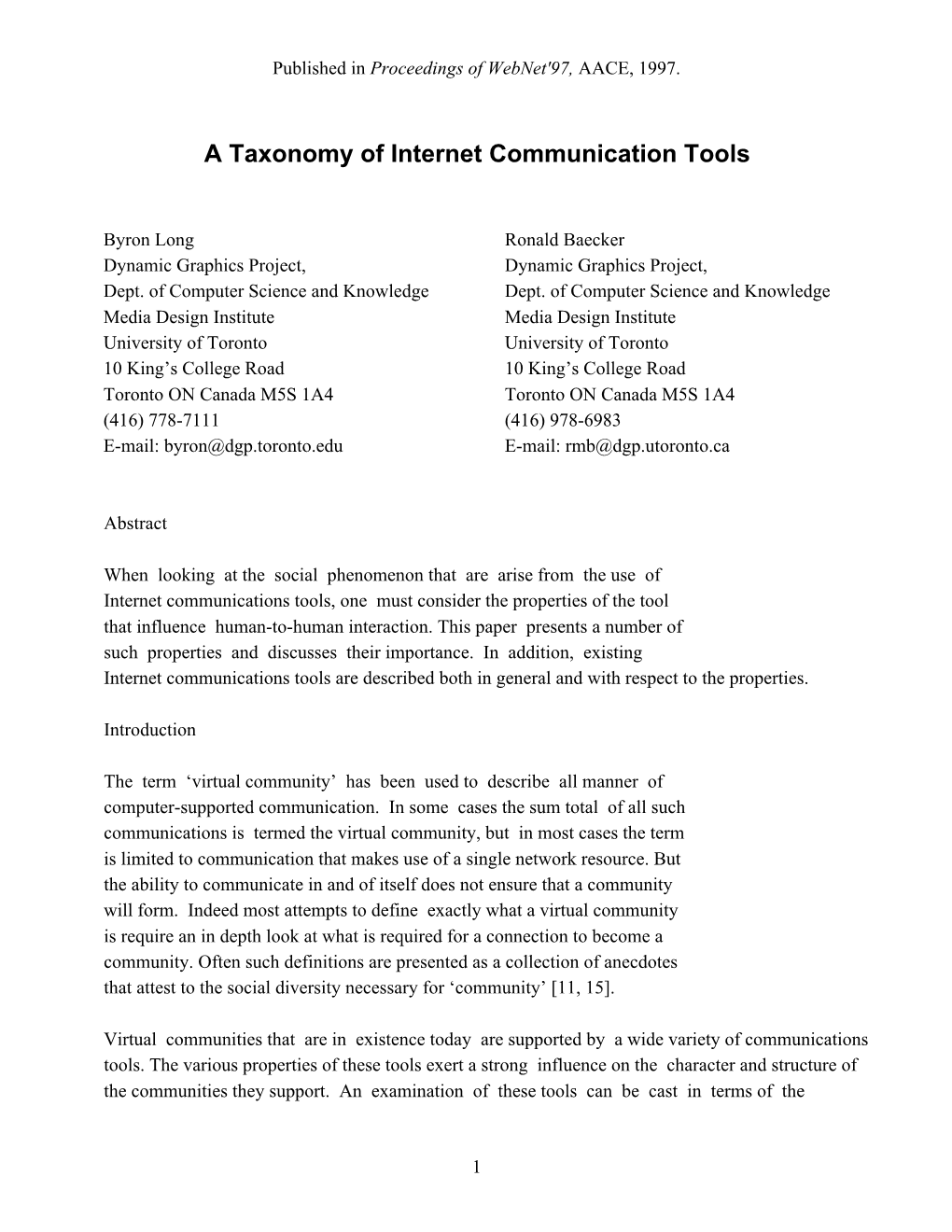 A Taxonomy of Internet Communication Tools