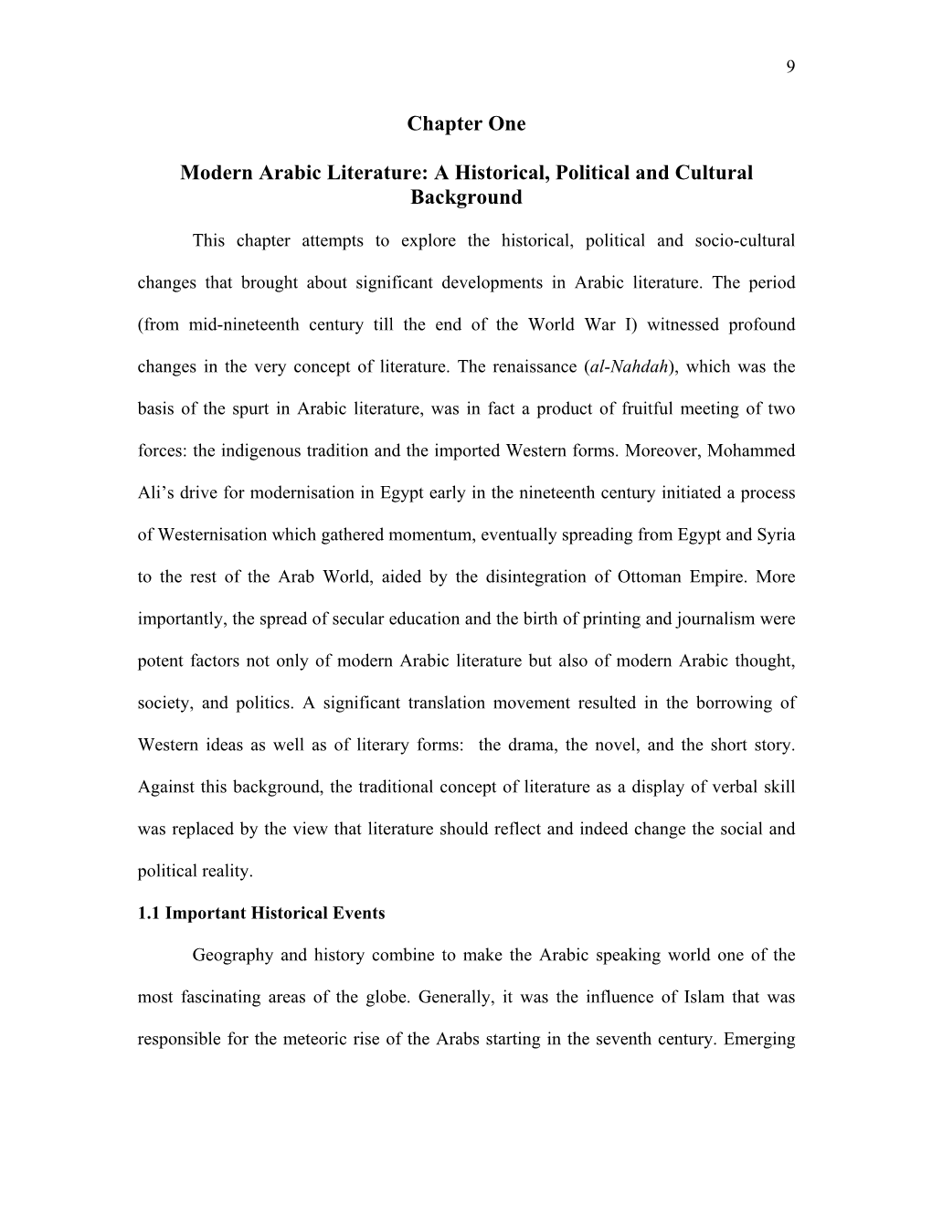 Chapter One Modern Arabic Literature: a Historical, Political and Cultural