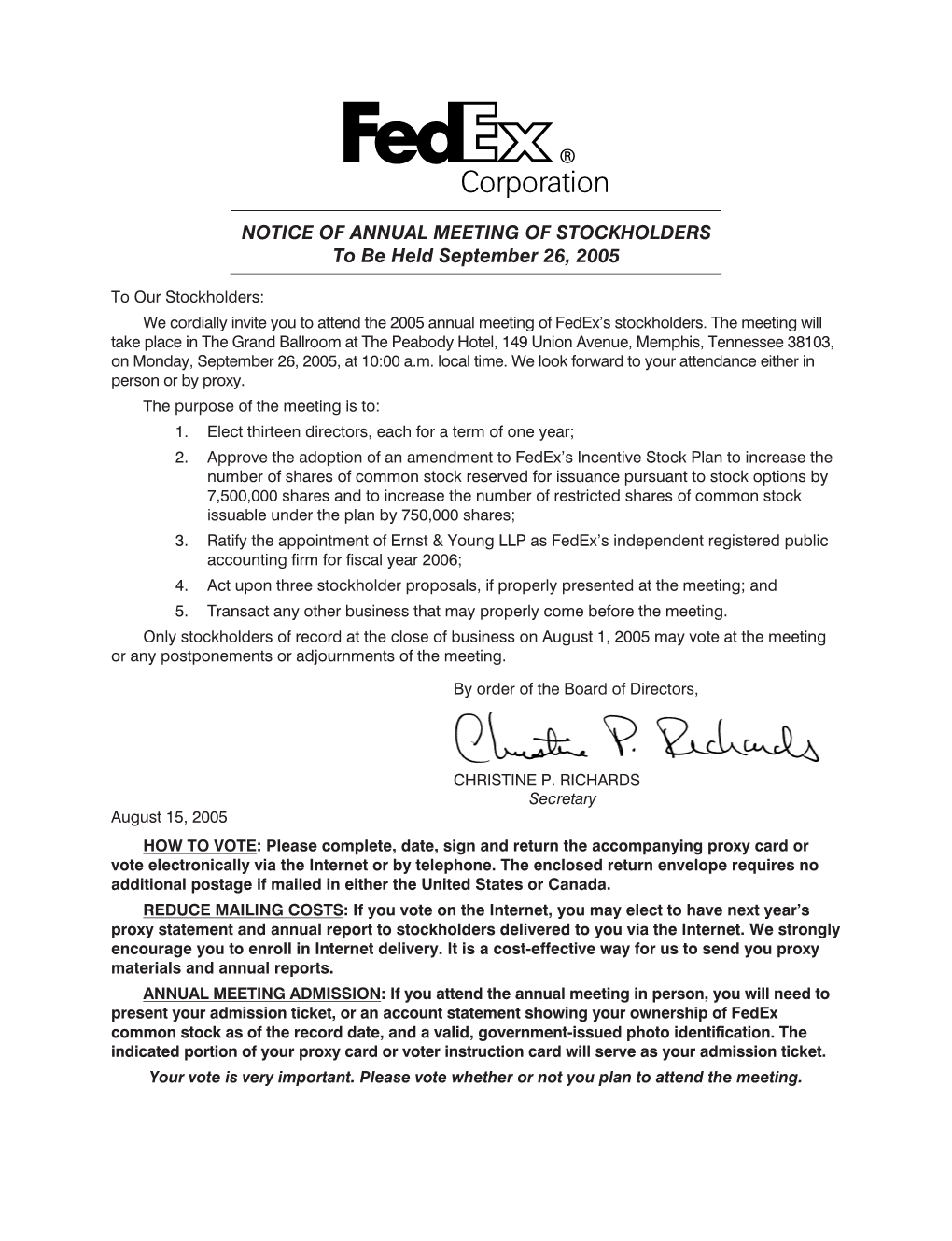 NOTICE of ANNUAL MEETING of STOCKHOLDERS to Be Held September 26, 2005