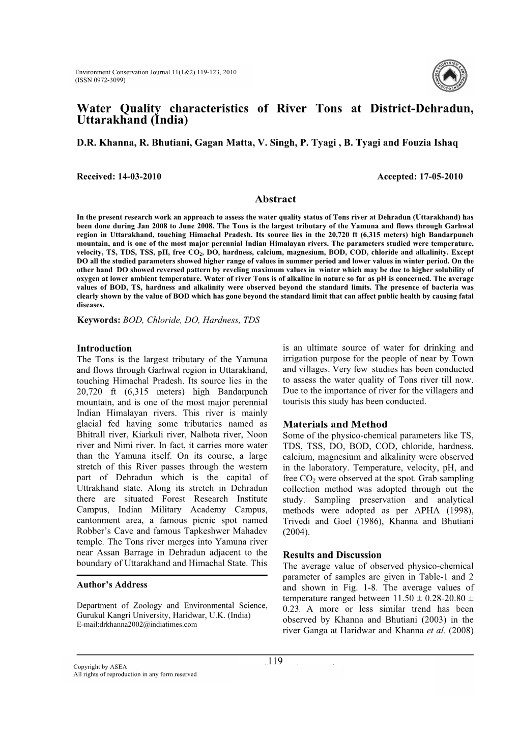 Water Quality Characteristics of River Tons at District-Dehradun, Uttarakhand (India)