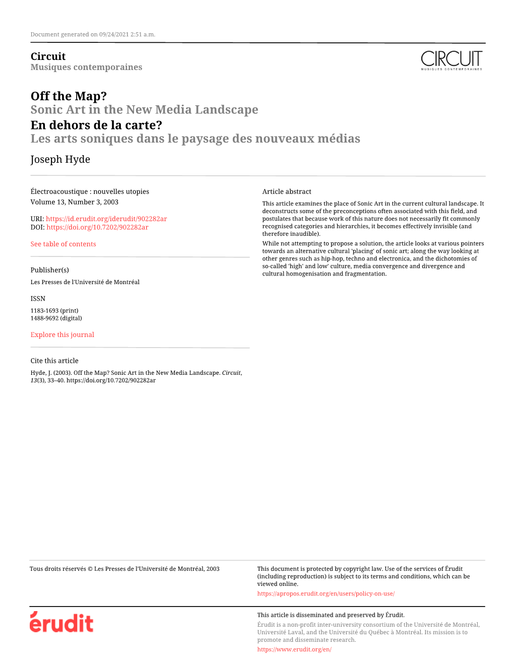 Sonic Art in the New Media Landscape En Dehors De La Carte? Les Arts Soniques Dans Le Paysage Des Nouveaux Médias Joseph Hyde