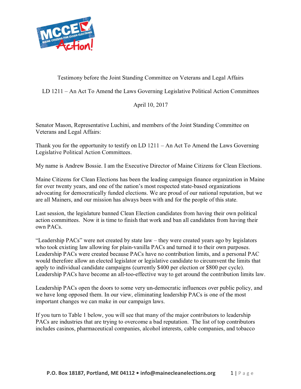 P.O. Box 18187, Portland, ME 04112 • Info@Mainecleanelections.Org Testimony Before the Joint Standing Committee on Veteran