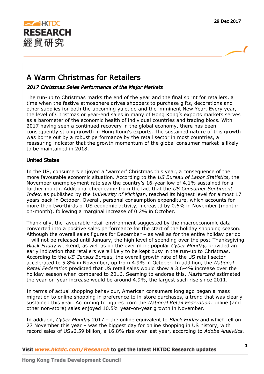 A Warm Christmas for Retailers 2017 Christmas Sales Performance of the Major Markets