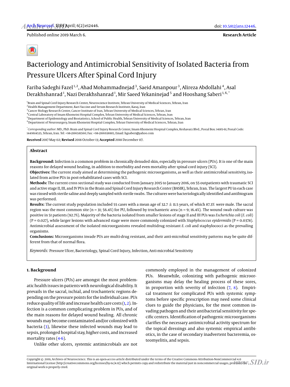 Bacteriology and Antimicrobial Sensitivity of Isolated Bacteria from Pressure Ulcers After Spinal Cord Injury