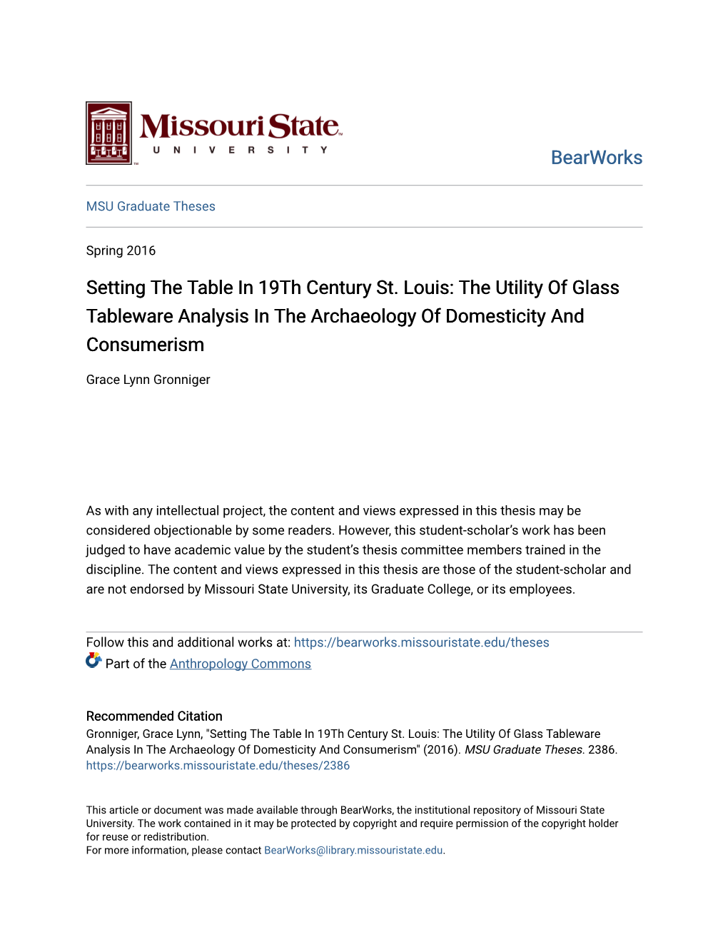 Setting the Table in 19Th Century St. Louis: the Utility of Glass Tableware Analysis in the Archaeology of Domesticity and Consumerism