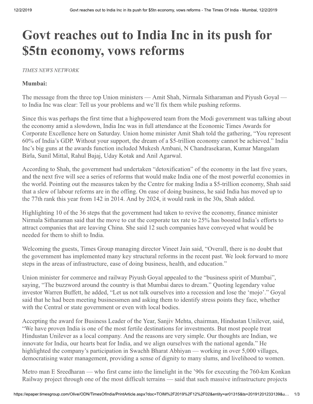 Govt Reaches out to India Inc in Its Push for $5Tn Economy, Vows Reforms - the Times of India - Mumbai, 12/2/2019