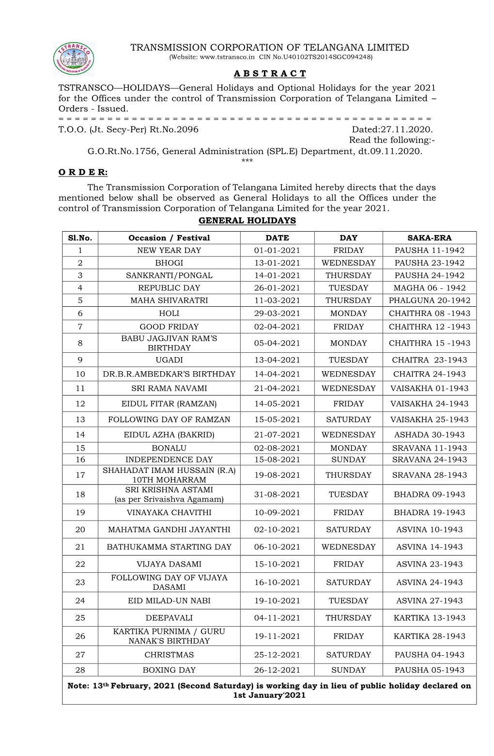 TRANSMISSION CORPORATION of TELANGANA LIMITED (Website: CIN No.U40102TS2014SGC094248)