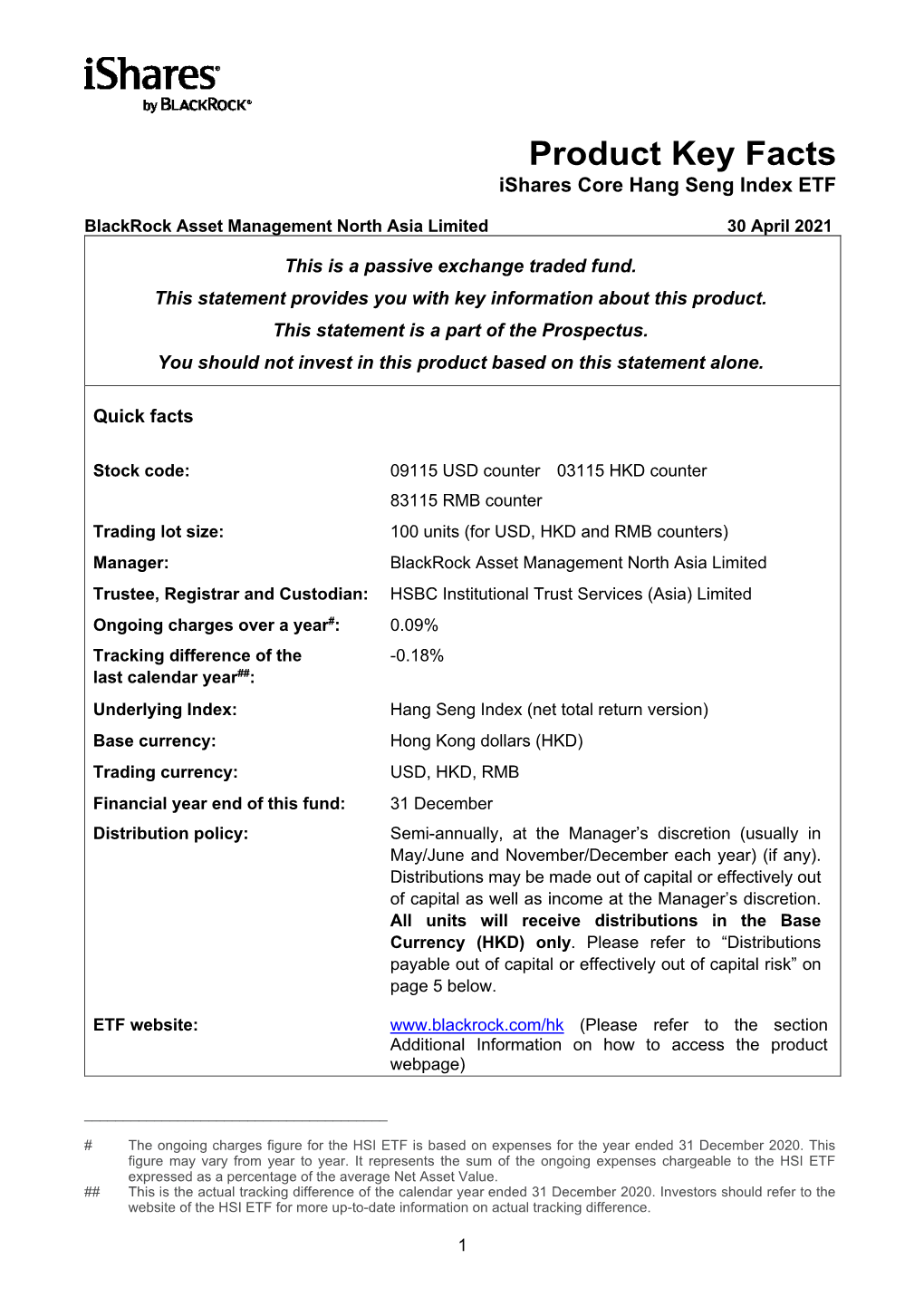 Product Key Facts Ishares Core Hang Seng Index ETF