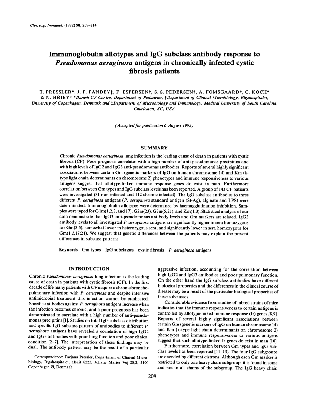 Immunoglobulin Allotypes and Igg Subclass Antibody Response to Pseudomonas Aeruginosa Antigens in Chronically Infected Cystic Fibrosis Patients