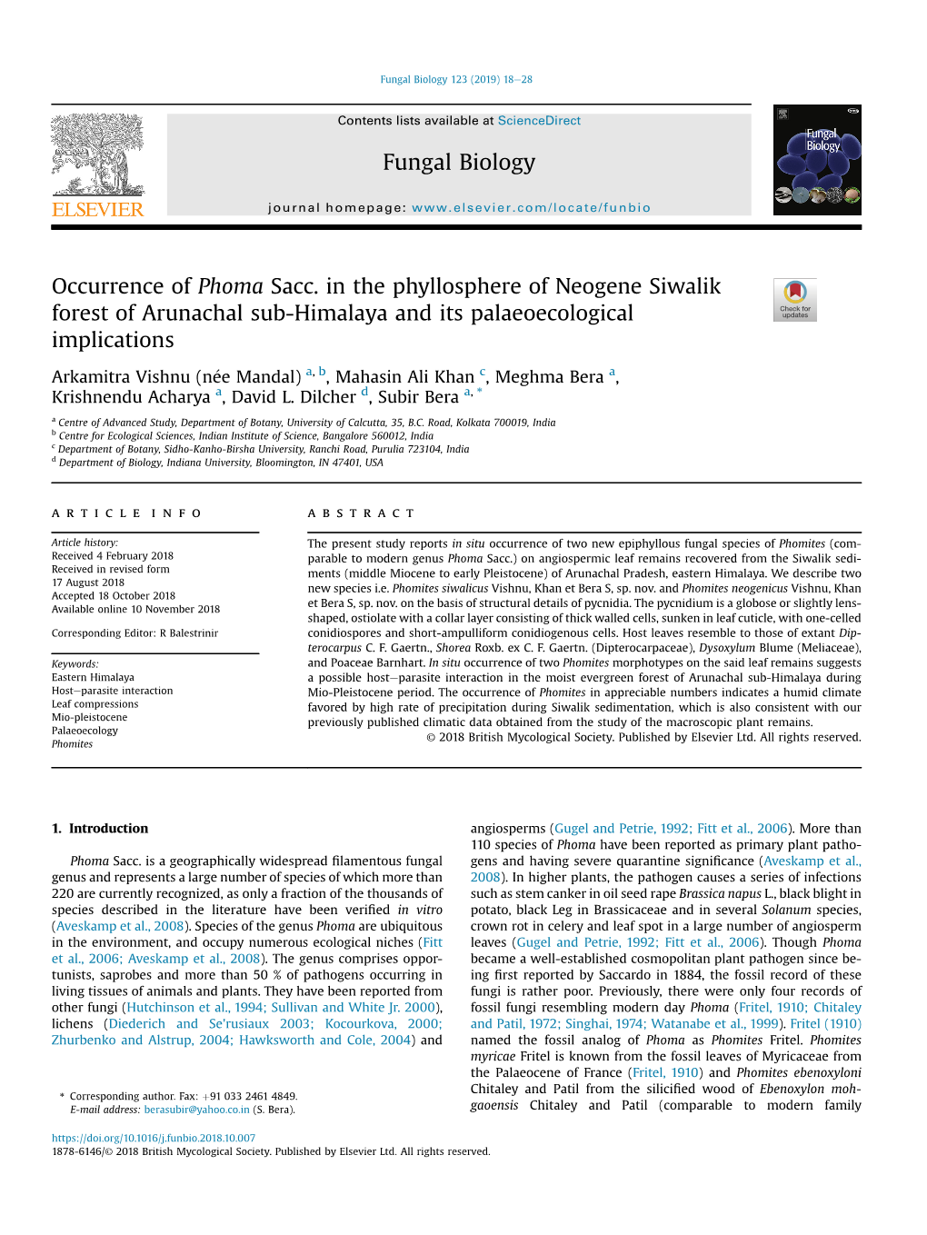 Occurrence of Phoma Sacc. in the Phyllosphere of Neogene Siwalik Forest of Arunachal Sub-Himalaya and Its Palaeoecological Implications