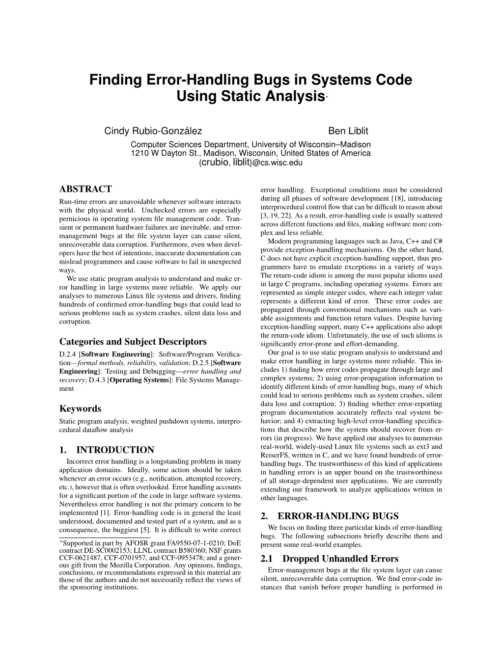 Finding Error-Handling Bugs in Systems Code Using Static Analysis∗