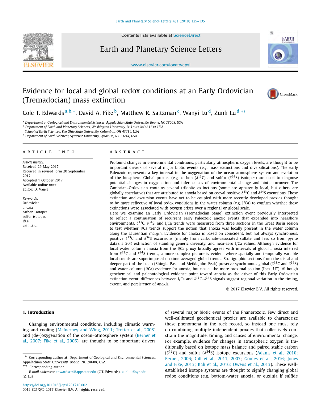 Evidence for Local and Global Redox Conditions at an Early Ordovician (Tremadocian) Mass Extinction ∗ ∗∗ Cole T