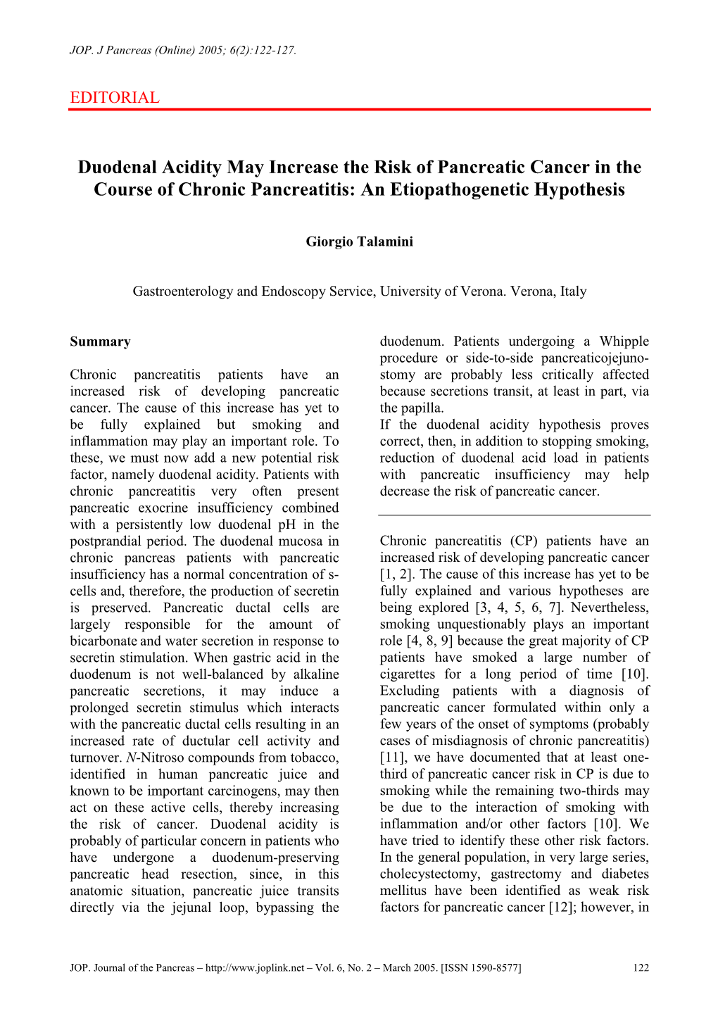 Duodenal Acidity May Increase the Risk of Pancreatic Cancer in the Course of Chronic Pancreatitis: an Etiopathogenetic Hypothesis