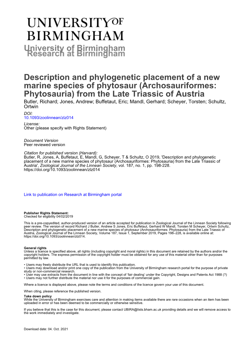 University of Birmingham Description and Phylogenetic