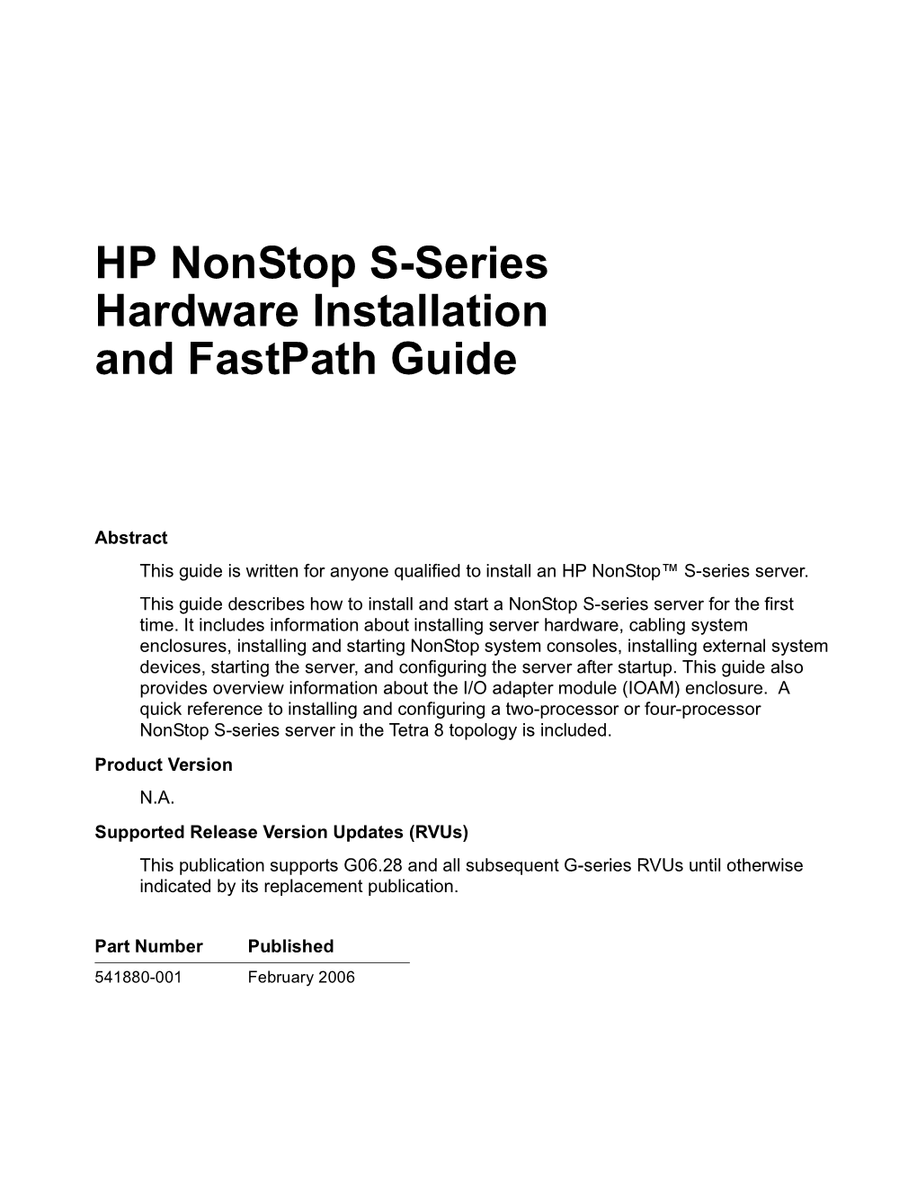 Nonstop S-Series Hardware Installation and Fastpath Guide
