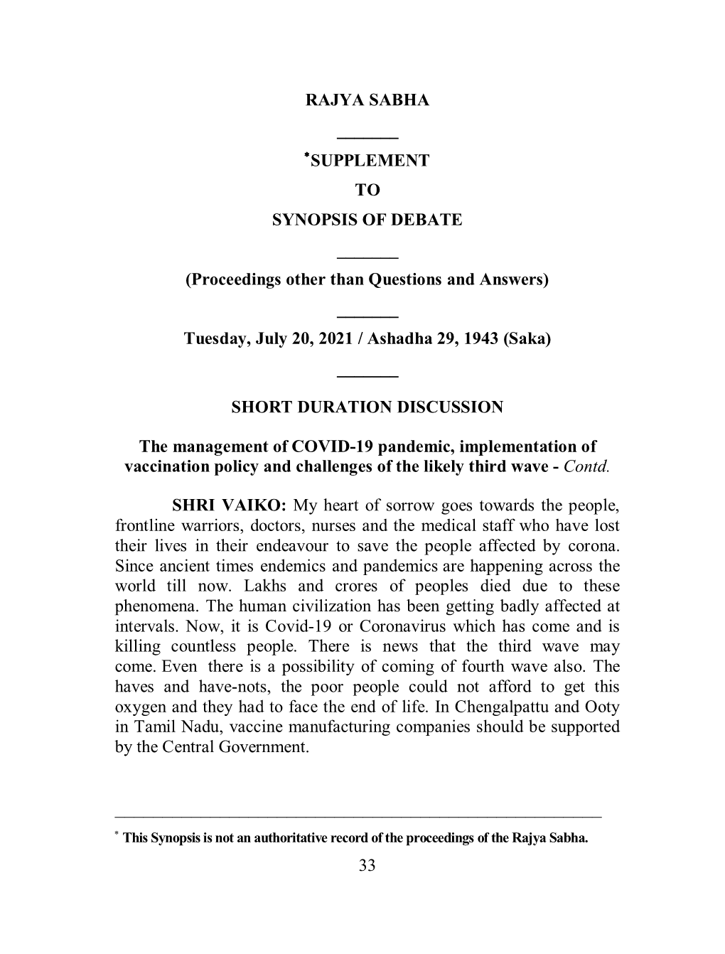 SUPPLEMENT to SYNOPSIS of DEBATE ______(Proceedings Other Than Questions and Answers) ______Tuesday, July 20, 2021 / Ashadha 29, 1943 (Saka) ______