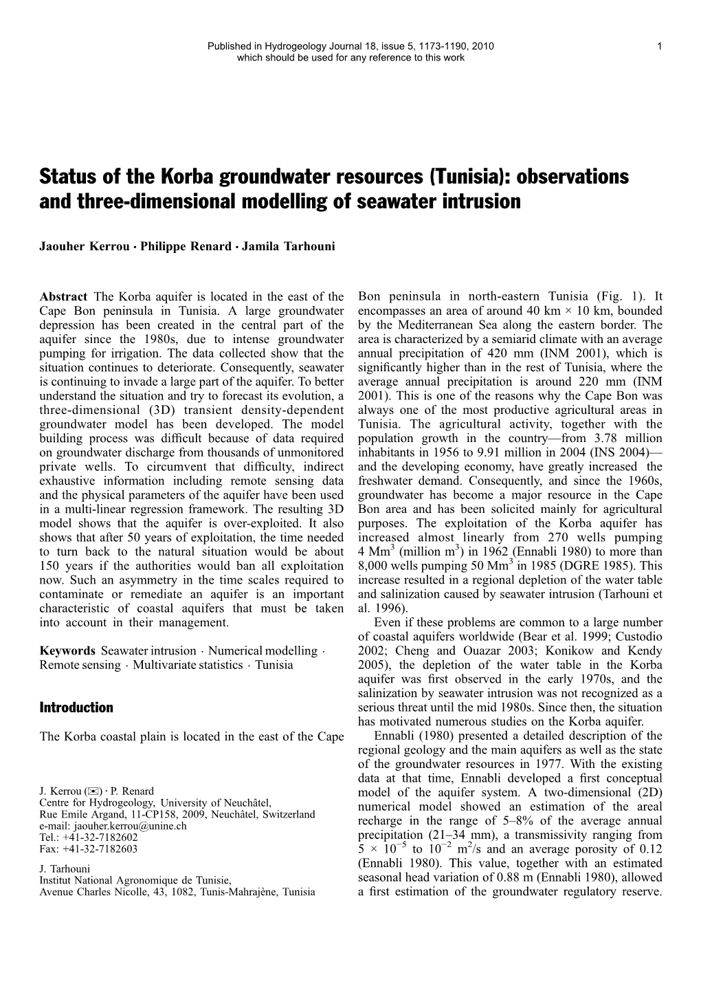 Status of the Korba Groundwater Resources (Tunisia): Observations and Three-Dimensional Modelling of Seawater Intrusion