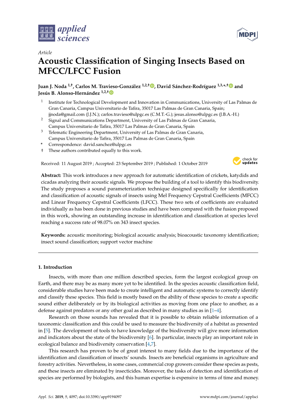 Acoustic Classification of Singing Insects Based on MFCC/LFCC Fusion