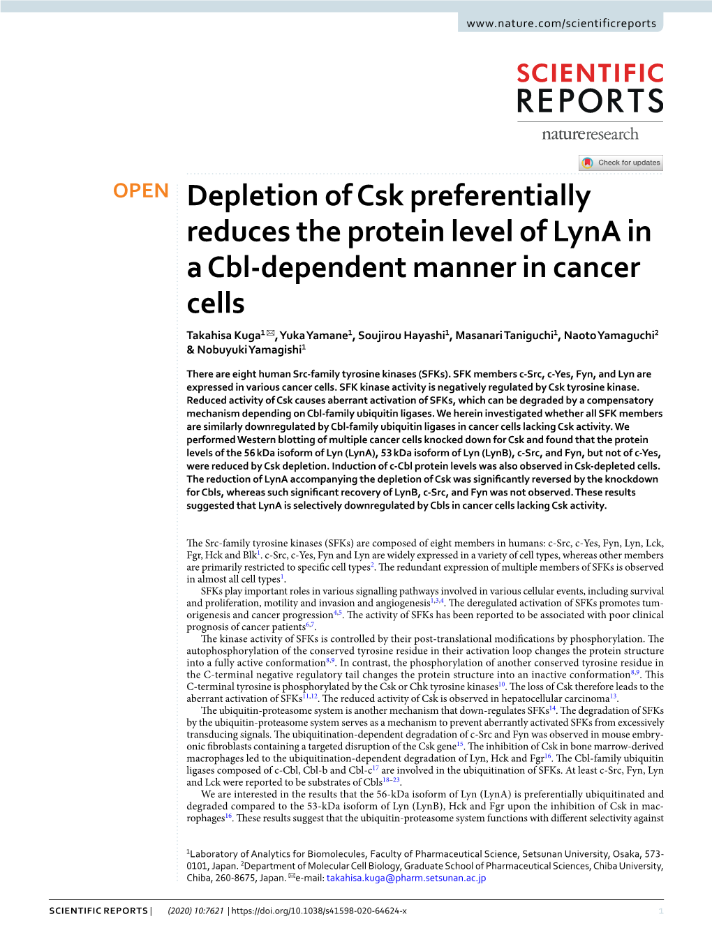 Depletion of Csk Preferentially Reduces the Protein Level of Lyna In