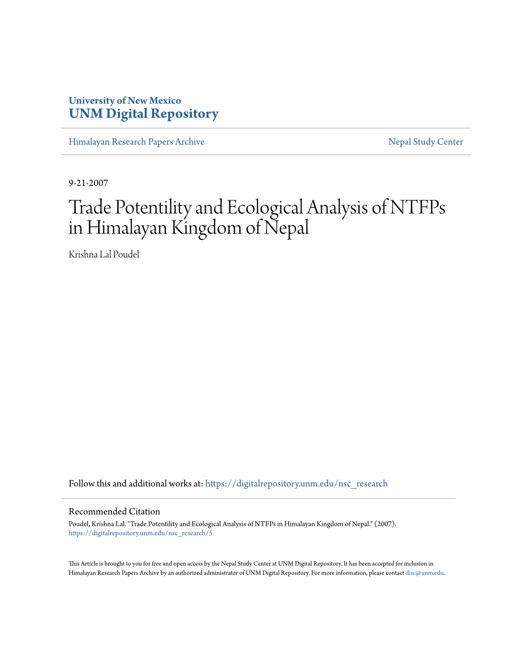 Trade Potentility and Ecological Analysis of Ntfps in Himalayan Kingdom of Nepal Krishna Lal Poudel