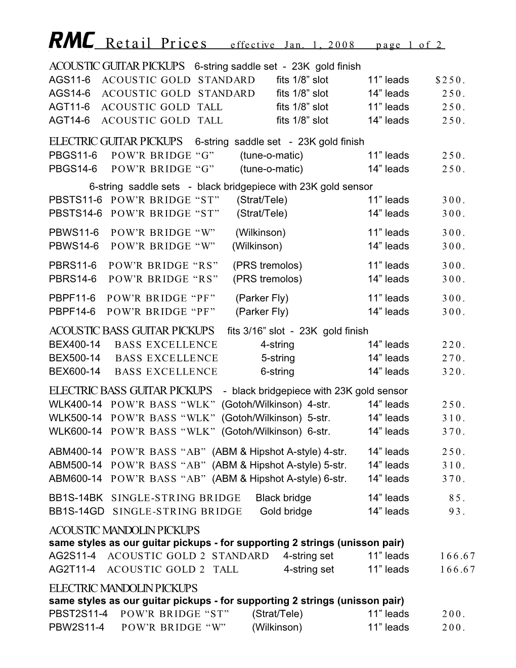 Retail Prices Effective Jan. 1, 2008 Page 1 of 2