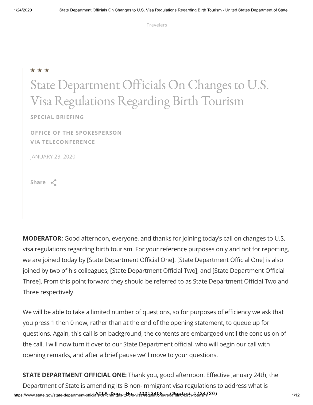 State Department Officials on Changes to U.S. Visa Regulations Regarding Birth Tourism - United States Department of State