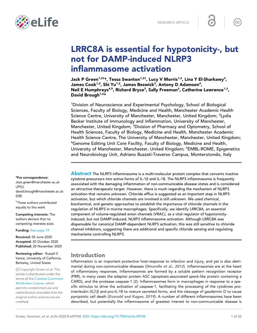 LRRC8A Is Essential for Hypotonicity-, but Not for DAMP-Induced NLRP3