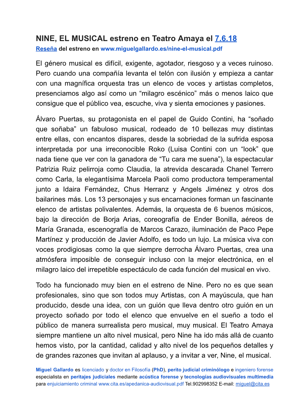 NINE, EL MUSICAL Estreno En Teatro Amaya El 7.6.18