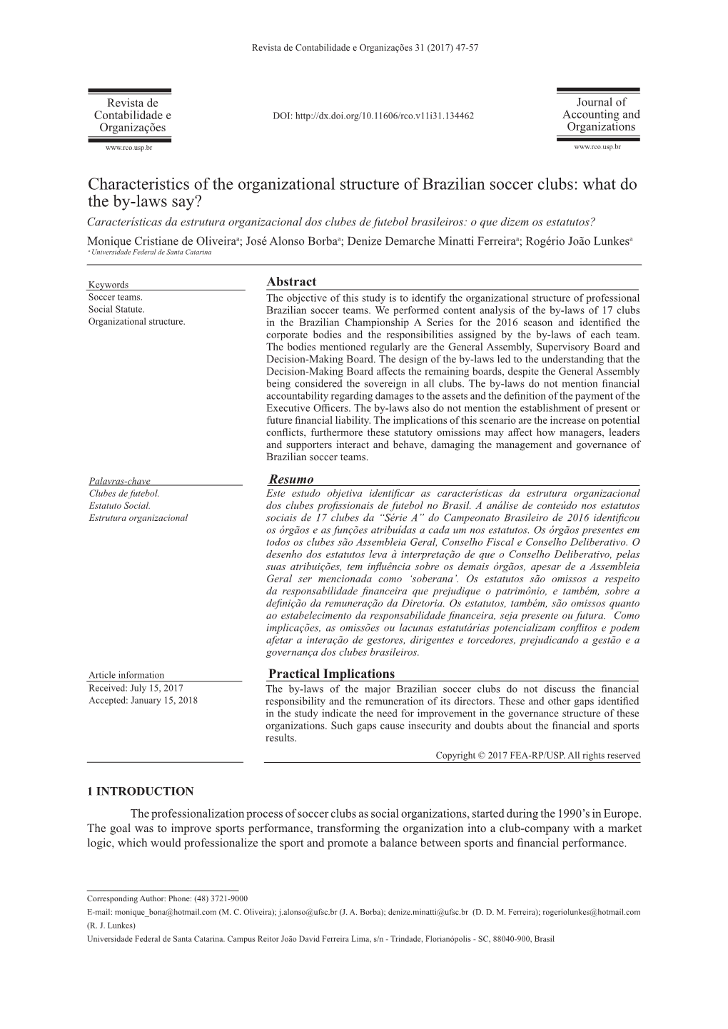 Characteristics of the Organizational Structure of Brazilian Soccer Clubs