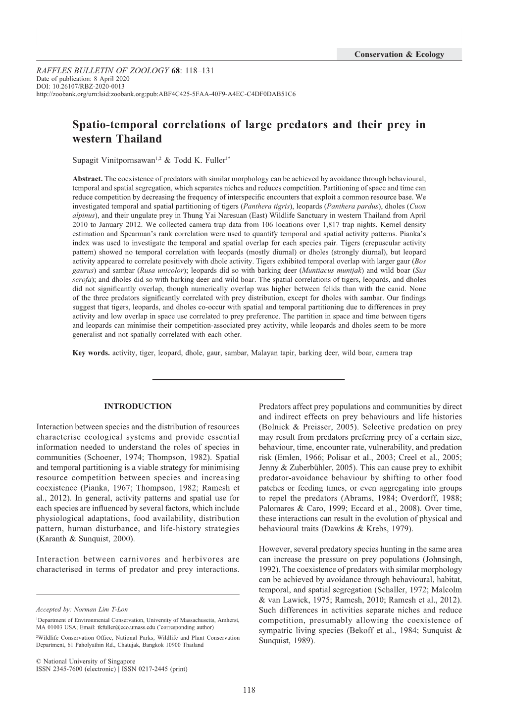 Spatio-Temporal Correlations of Large Predators and Their Prey in Western Thailand