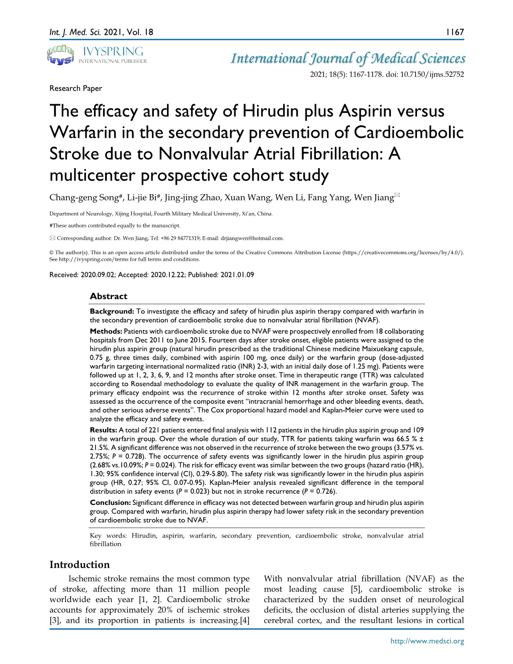 The Efficacy and Safety of Hirudin Plus Aspirin Versus Warfarin in the Secondary Prevention of Cardioembolic Stroke Due to Nonva