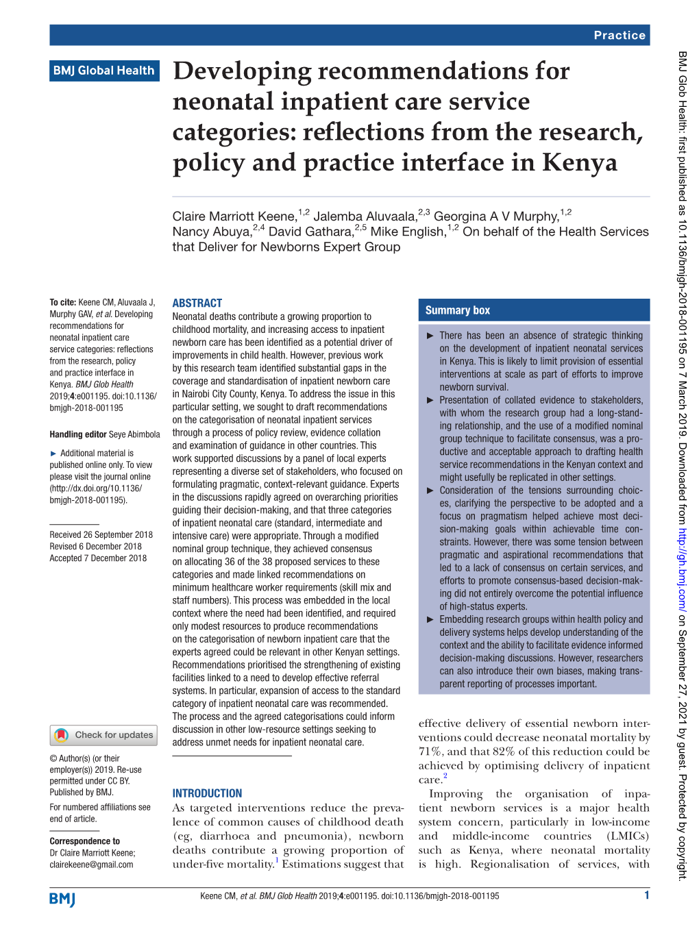 Developing Recommendations for Neonatal Inpatient Care Service Categories: Reflections from the Research, Policy and Practice Interface in Kenya