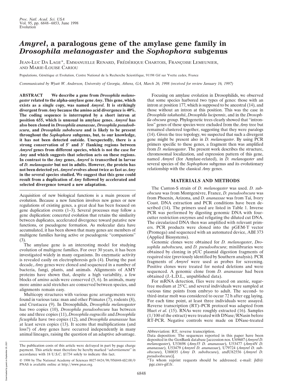Amyrel, a Paralogous Gene of the Amylase Gene Family in Drosophila Melanogaster and the Sophophora Subgenus