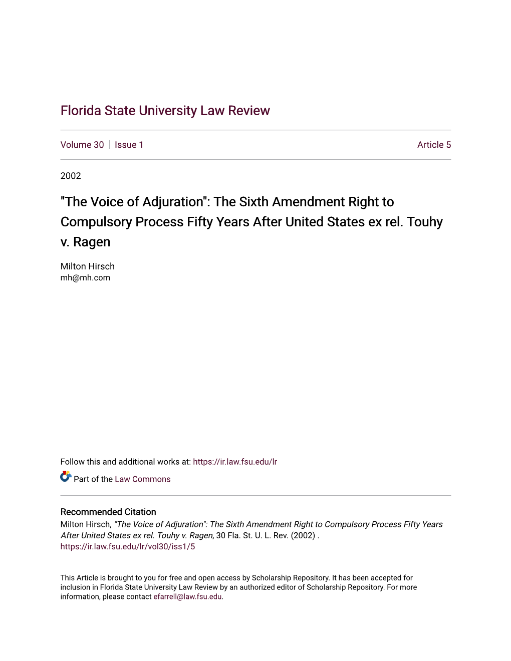 "The Voice of Adjuration": the Sixth Amendment Right to Compulsory Process Fifty Years After United States Ex Rel